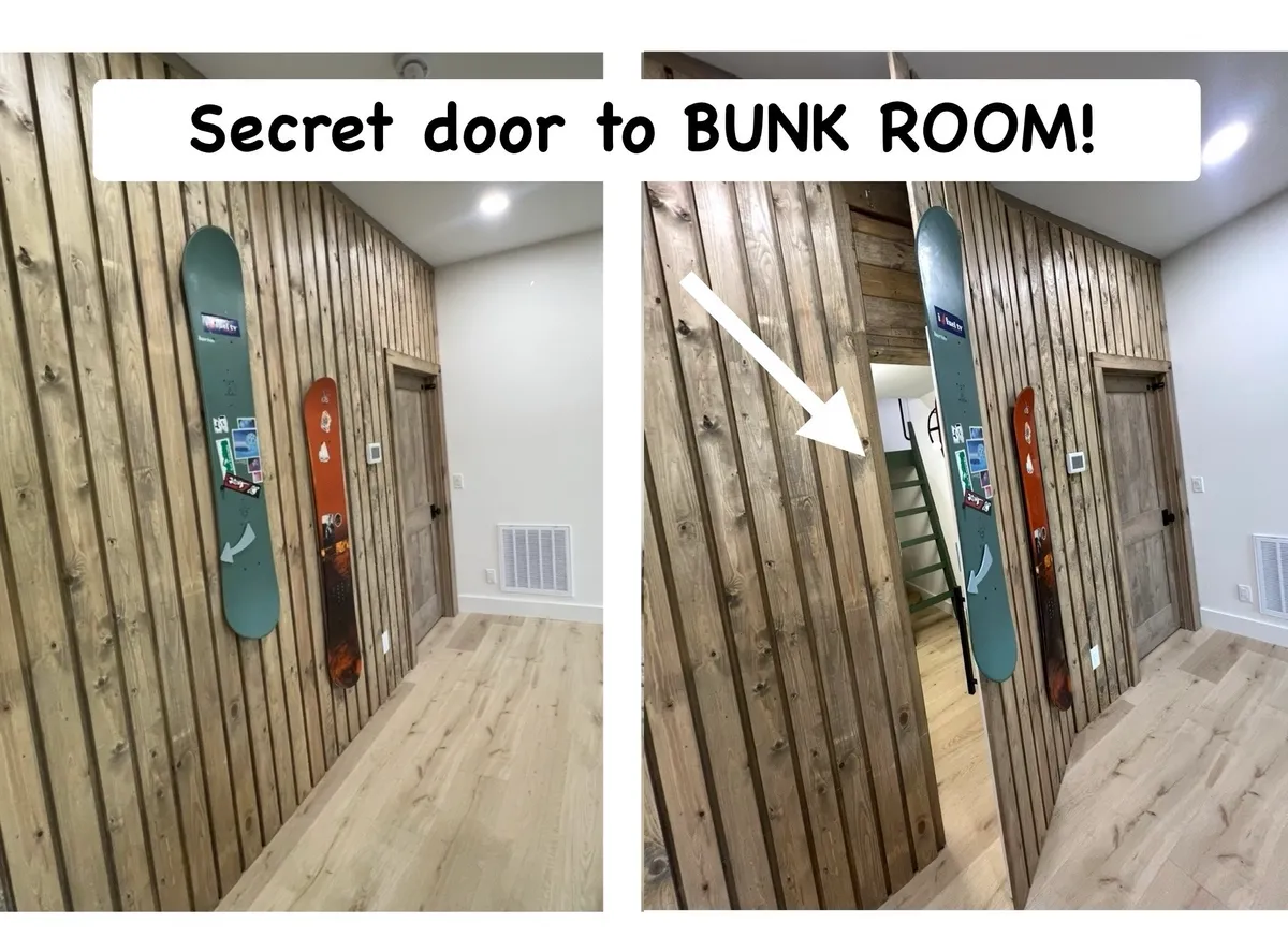 The image reveals a whimsical interior with snowboards mounted on the wall and a concealed secret door, hinting at a hidden bunk area. The space feels adventurous and playful, appealing especially to children or those seeking a unique experience.