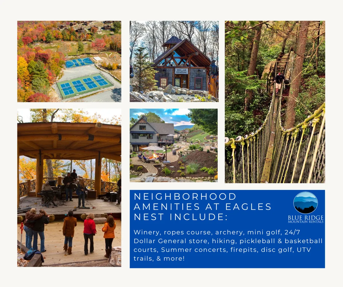 This image captures the vibrant outdoor concert area at Great Camp, with families enjoying live music, the adjacent ropes course, mini-golf, and nearby sports courts. The scene is lively, with groups gathered for community events and playful activities amid a natural wooded setting. The luxurious cabin and firepit further emphasize the welcoming, adventure-filled atmosphere.